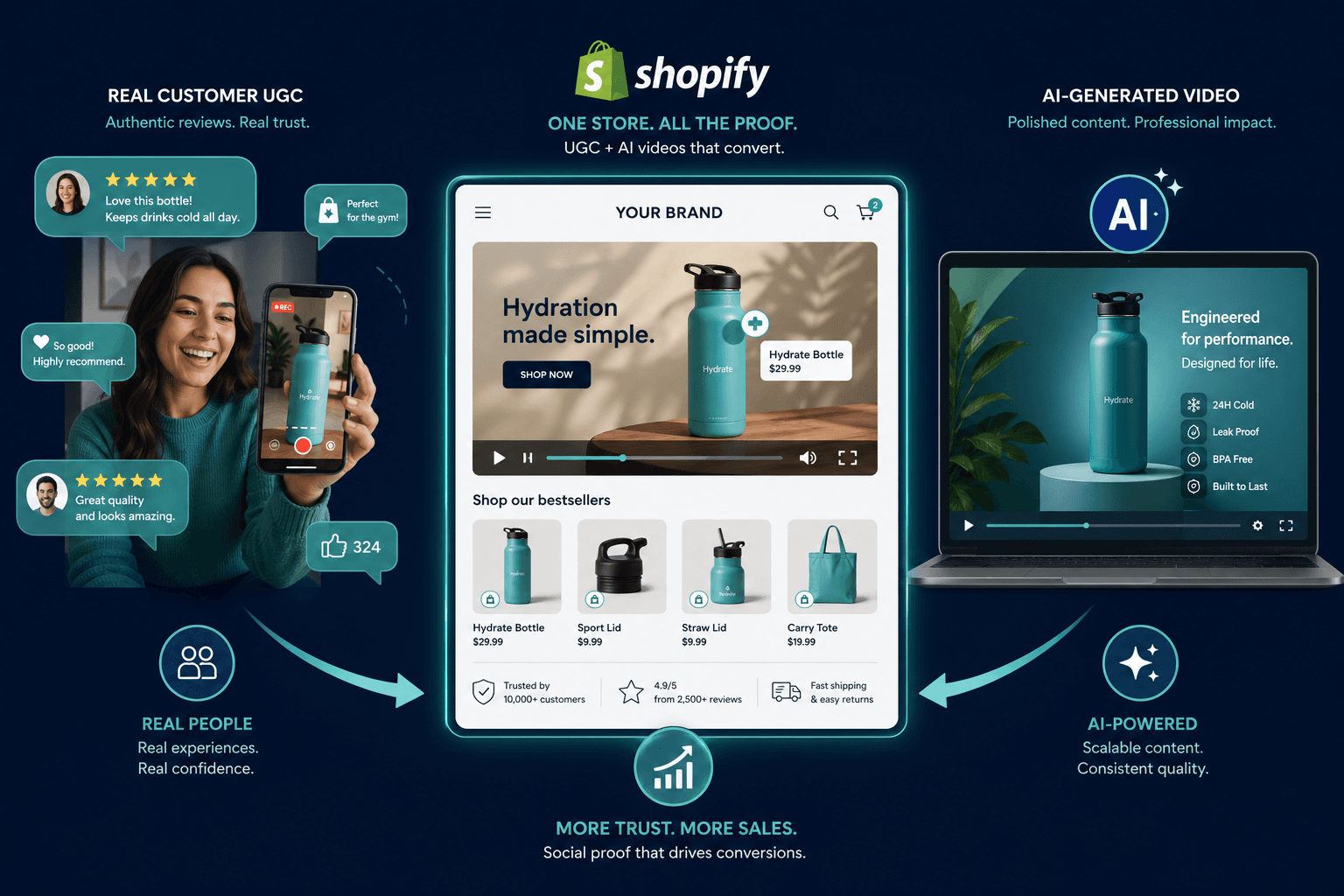 Illustration showing real customer UGC and AI-generated brand videos both flowing into a Shopify store as a two-layer social proof strategy